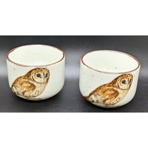 Pair of  Vintage MCM Speckled Stoneware Tea Cups Brown Sweet OWL 60s 70s